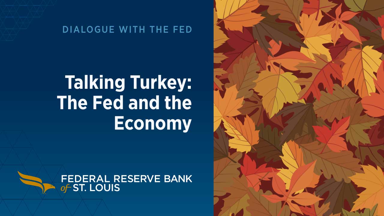 A graphic with leaves in fall colors for the St. Louis Fed Dialogue with the Fed event, Talking Turkey: The Fed and the Economy.