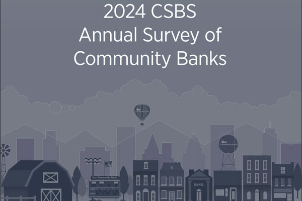 Farm, small town and city skyline illustration with text: 2024 CSBS Annual Survey of Community Banks