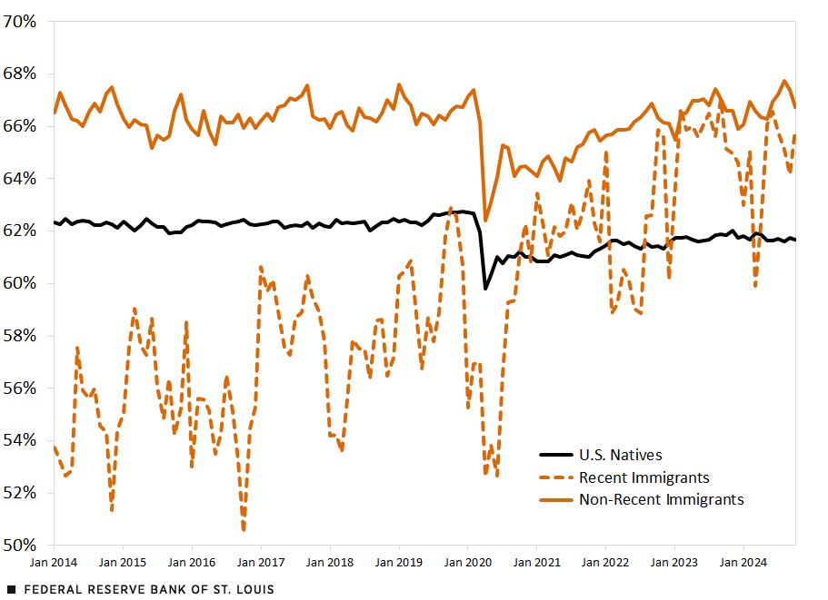 A line chart shows the labor force participation rates for U.S. natives, recent immigrants and non-recent immigrants from January 2014 to October 2024. See description above.