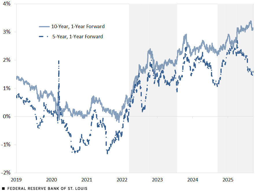 A line chart shows the progression of the 10Y1Y rate and the 5Y1Y rate from January 2019 to September 2025. The two rates roughly track each other, but their gap widens during the recent easing cycle. See surrounding text for further description.