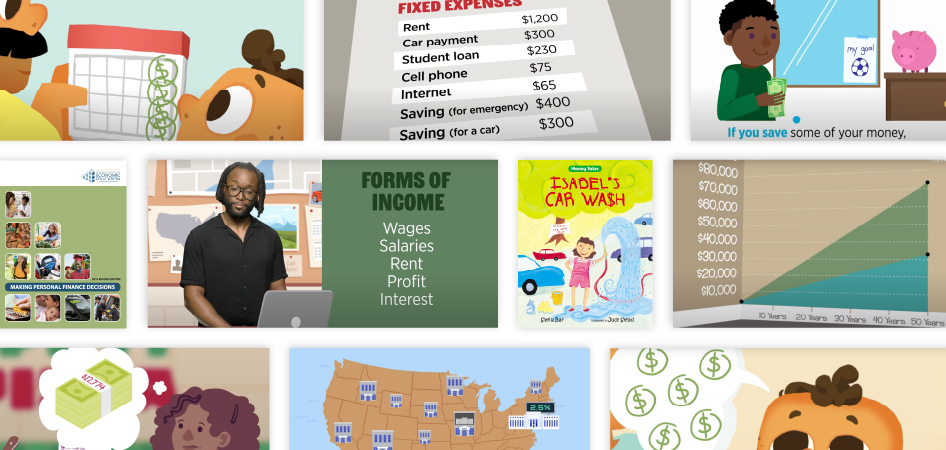 Collage shows images from various economic education resources.