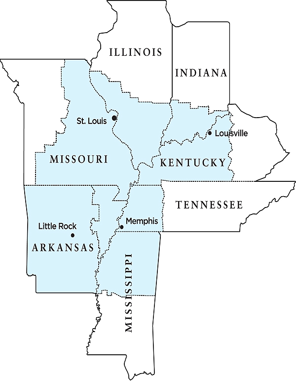 Map shows Eighth Federal Reserve District geographic area: all of Arkansas; eastern Missouri; southern Indiana; southern Illinois; western Kentucky; western Tennessee; and northern Mississippi.