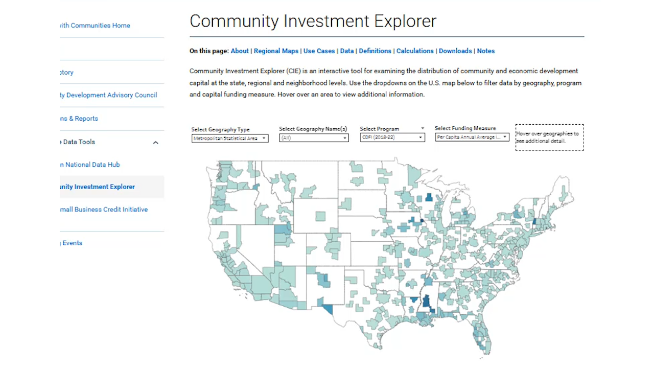 Community Investment Explorer tool with drop down menus and U.S. map.
