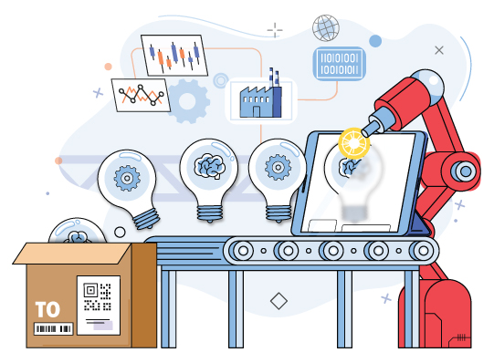 Stylized conveyor line transforming raw ideas into innovative products, symbolizing creativity and forward thinking.