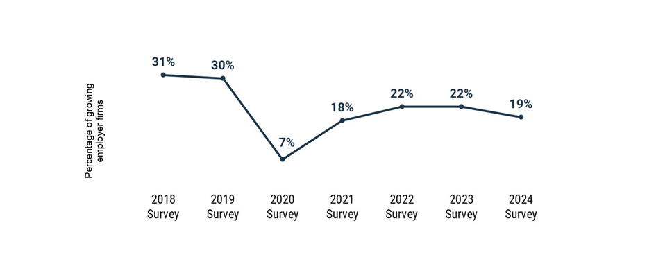 A line graph shows the percentages of growing employer firms from 2018 to 2024, according to the Small Business Credit Survey. The share was 22% in both 2022 and 2023 before declining to 19% in 2024.