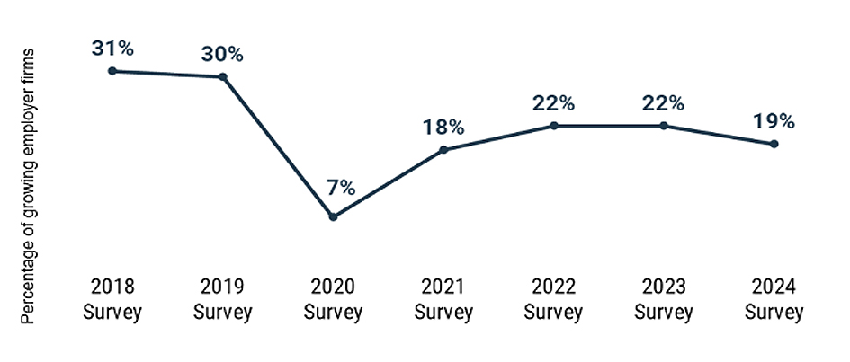 A line graph shows the percentages of growing employer firms from 2018 to 2024, according to the Small Business Credit Survey. The share was 22% in both 2022 and 2023 before declining to 19% in 2024. Growing firms are those that increased their revenues and employee numbers as well as plan to increase or maintain their employee numbers.