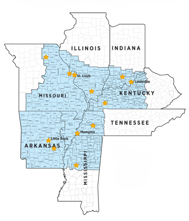 A map of the Eighth Federal Reserve District marks with a star where each of the 12 financial well-being roundtables took place. Three were held in Missouri, two were help in Arkansas, two were help in Tennessee, two were help in Kentucky, and one each was held in Illinois, Indiana and Mississippi.