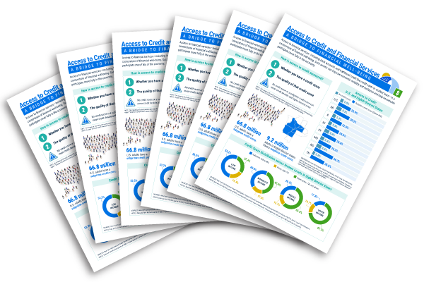 Several paper fact sheets with the title 'Access to Credit and Financial Services,' fanned out.