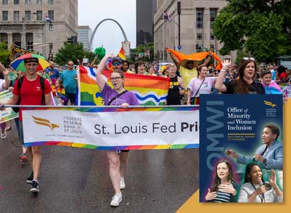 Group of employees wearing colorful shirts walk during Pride parade. Overlaying this is a thumbnail of the Office of Minority and Women Inclusion (OMWI) Congressional Report cover.