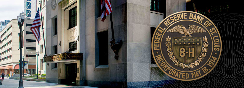 Federal Reserve Bank of St. Louis seal in front of the Bank entrance.