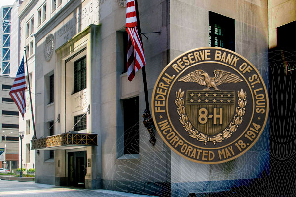 Federal Reserve Bank of St. Louis seal in front of the Bank entrance.