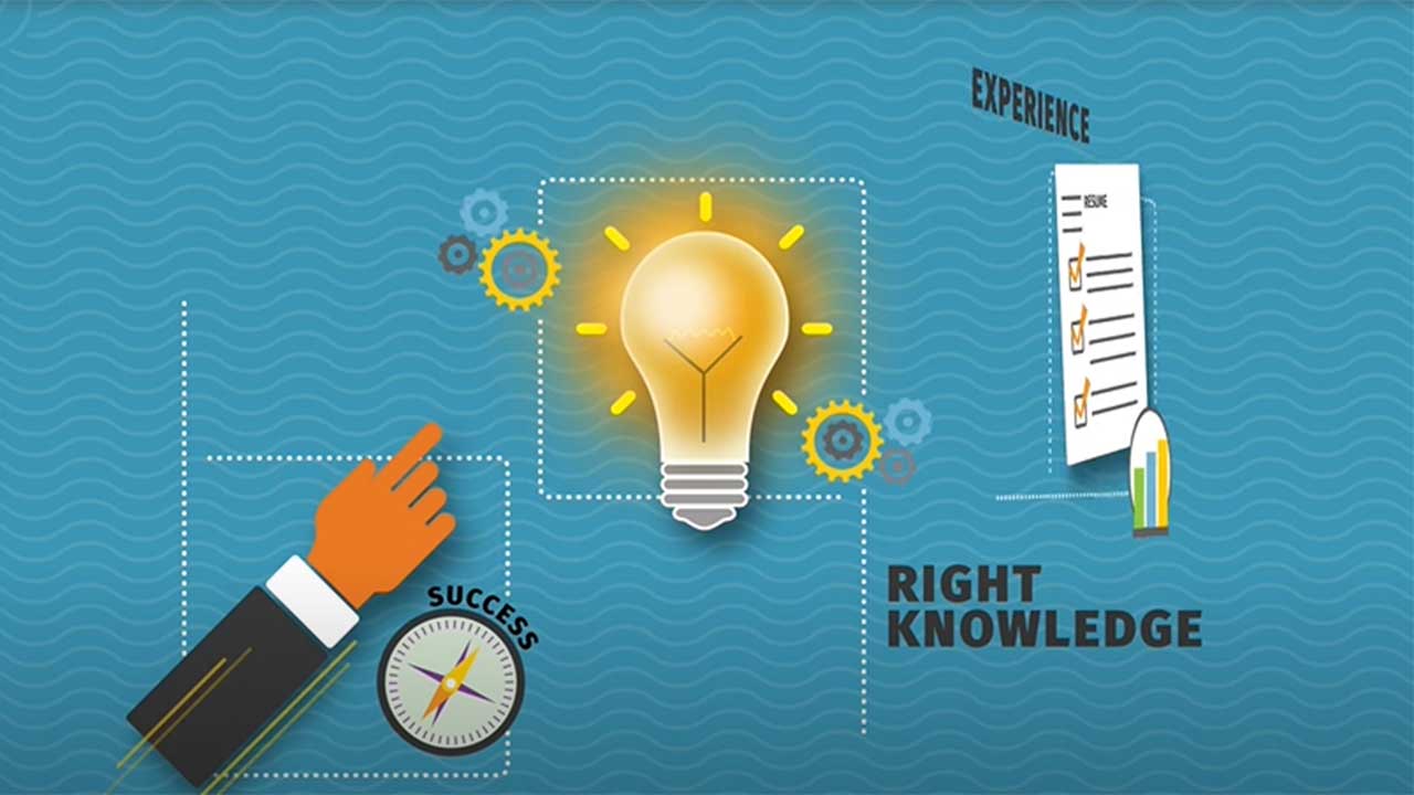 Video still shows hand pointing to success, a light bulb illuminated with right knowledge, and a resume with experience.