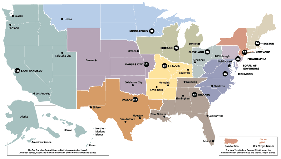 A map of the 12 Federal Reserve Districts