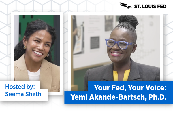 On the left, a framed image of a woman smiling in the Economy Museum at the St. Louis Fed with text below it reading 'Hosted by Seema Sheth.' On the right, a framed image of a woman smiling with text reading 'Your Fed, Your Voice: Yemi Akande-Bartsch, Ph.D.'