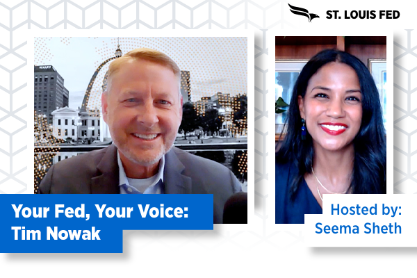 On the left: one framed image of a smiling man in business attire on a vista of the St. Louis arch with a text-banner below reading 'Your Fed, Your Voice'; on the right: one framed image of a woman smiling with a text banner reading 'Hosted by Seema Sheth.'