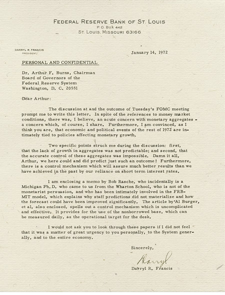 Image of Darryl Francis' letter to Arthur Burns, January 14, 1972 | St. Louis Fed