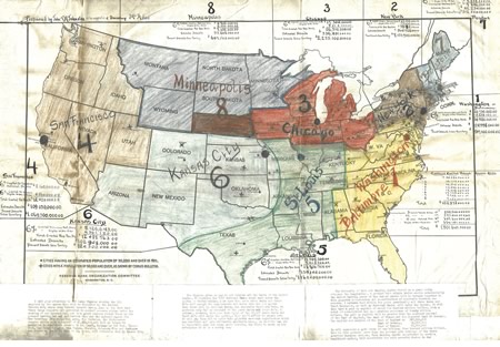 Image of map showing retail trade territory of St. Louis, Chicago, Kansas City, Denver, Minneapolis-St. Paul and Memphis | St. Louis Fed