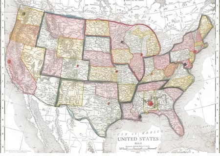 This map shows eight Reserve bank cities, including Denver and Louisville, Ky.