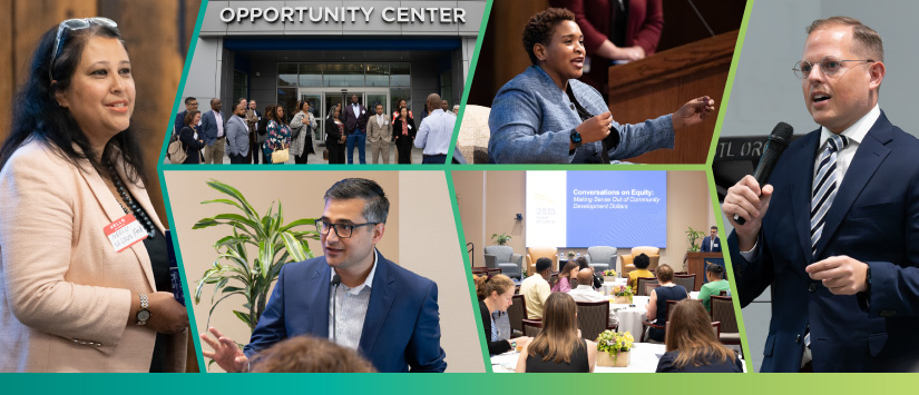 A collage showing snapshots of speakers addressing a crowd, a full conference room with a screen stating 'Conversations on Equity,' and people lined up in front of a building called 'Opportunity Center.'