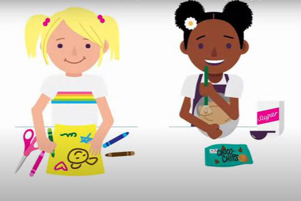 A drawing of two young girls sitting side by side crafting and baking.