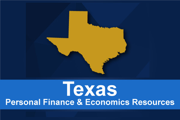 An image depicting the outline of the state of Texas and the words "Texas Personal Finance & Economics Resources"