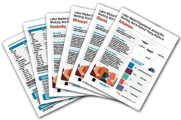 Several paper fact sheets with the title 'Disconnected Young Adults,' fanned out.