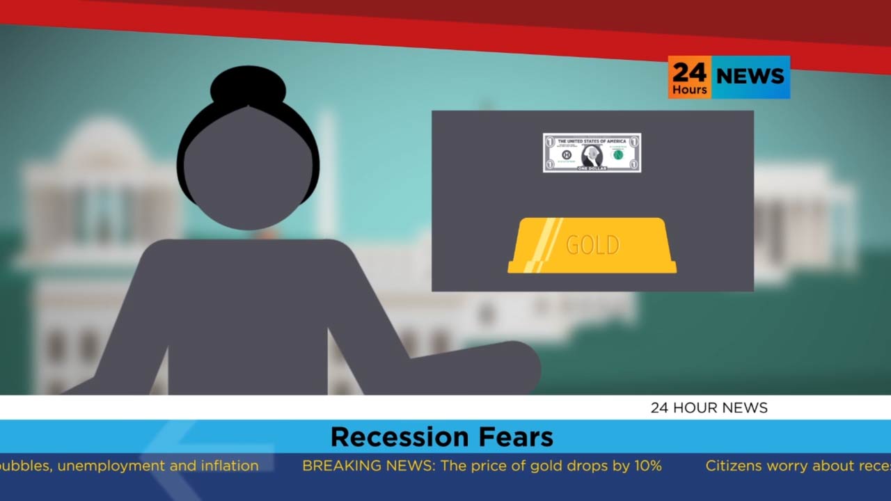 Illustration of TV newscaster reading headlines about recession fears.