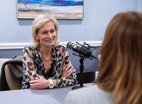 Zanny Minton Beddoes, editor-in-chief of The Economist, recording a podcast for the St. Louis Fed