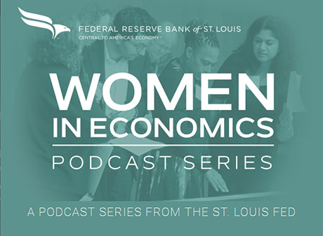 A group of economists gather around a table with Women in Economics overlay