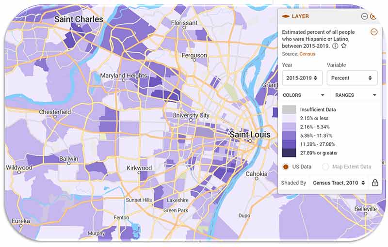 Estimated percentage of Hispanic or Latino, 2015-2019 St. Louis area.