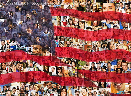 American flag over collage of business people