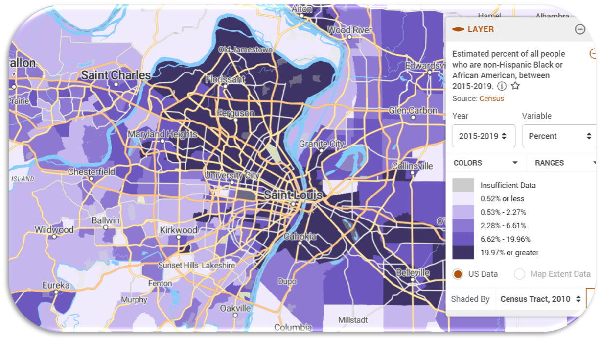 Estimated percentage of Black People, 2015-2019 St. Louis area.