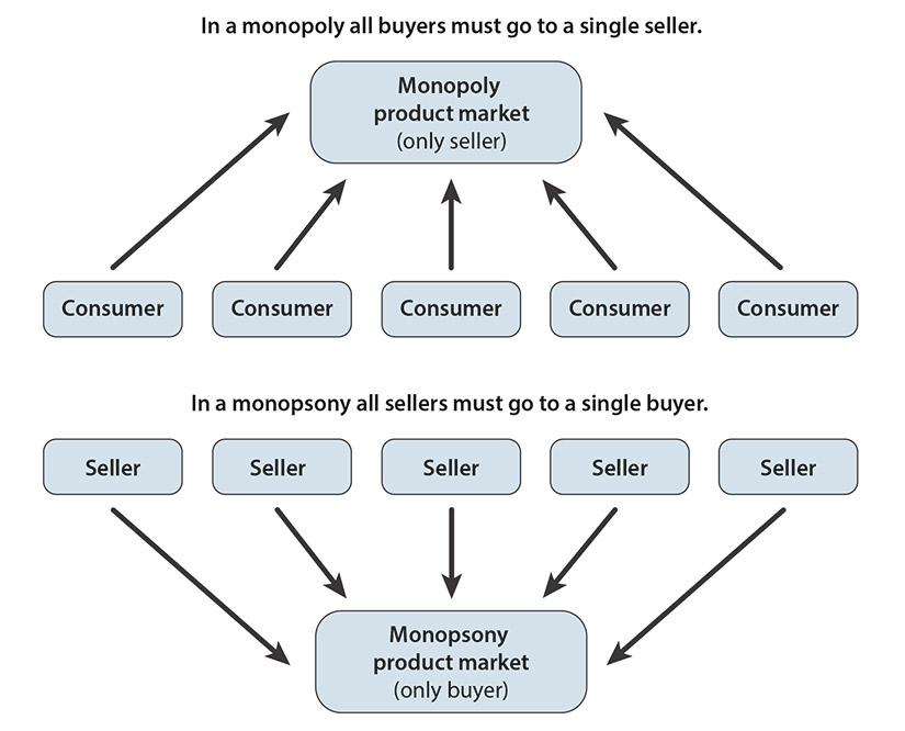 A figure depicting the flow of consumers into a monopoly, and the flow of sellers into a monopsony.