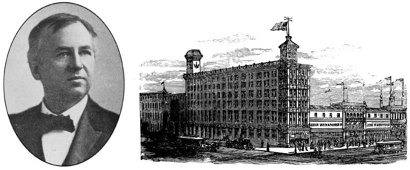 John Wanamaker in business attire and an engraving of Wanamaker’s corner storefront in 1870s Philadelphia.