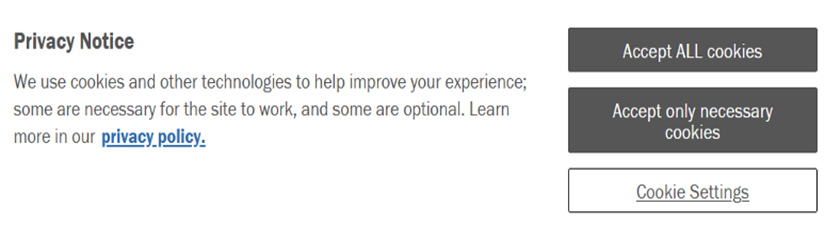 A webpage’s privacy notice with buttons for accepting all or only necessary cookies.