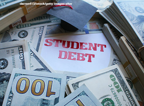 Grad hat on top of money with words student debt