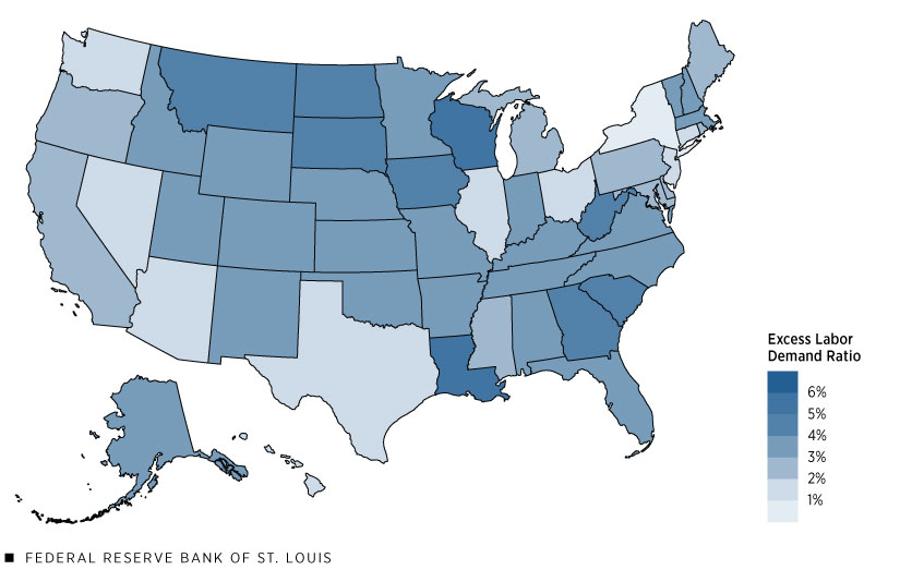 A map shows excess labor demand was greater than the national average of 2.9% in 30 states.