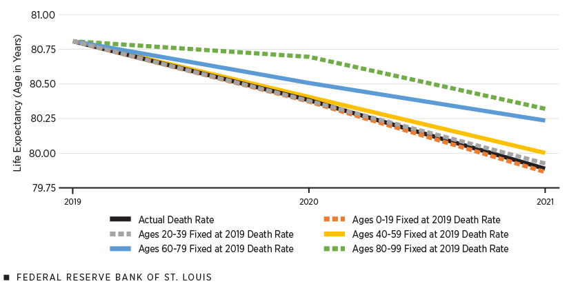 A line graph plotting German life expectancy from 2019 to 2021 based on actual death rate and counterfactual death rates fixed at 2019 levels for five age groups (0-19, 20-39, 40-59, 60-79, 80-99) shows that the line for the 80-99 age group is furthest from the line for the actual death rate.