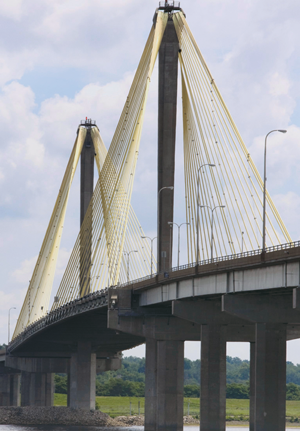 The 15-year-old Clark Bridge, with its unusual design and bright yellow cable wrappings, connects Alton to Missouri. | St. Louis Fed