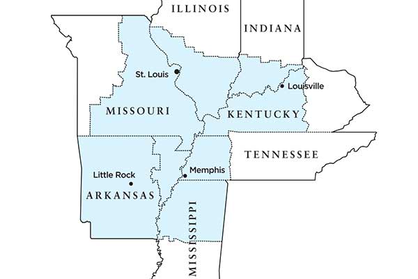 Thumbnail of the Eighth Federal Reserve District: Parts of Missouri, Illinois, Indiana, Kentucky, Tennessee, Mississippi, and all of Arkansas.