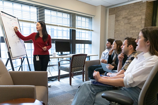 Five economic research associates discuss the labor market; one writes on whiteboard.