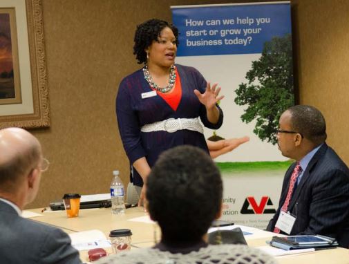 Woman leading small-group discussion