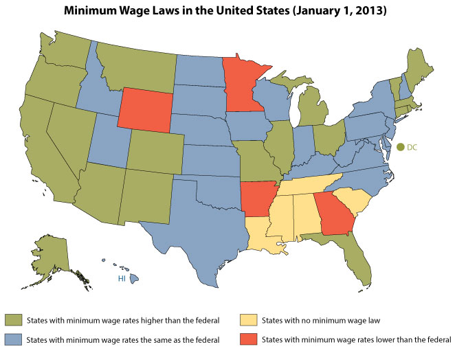 A map of the United States shows which states have a minimum wage higher, lower, or the same as federal, and states with no minimum wage law at all.