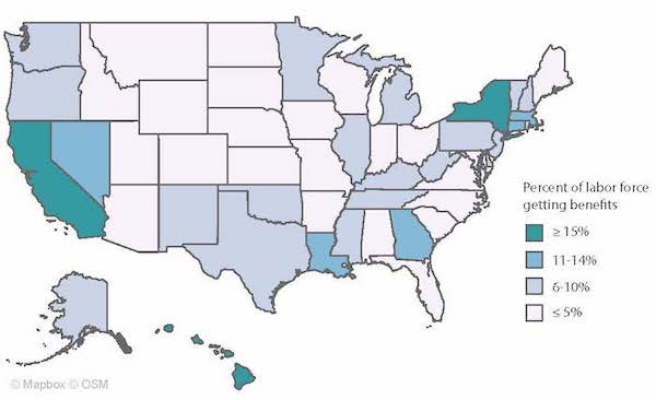 Map of the United States shows New York and California with greater than or equal to 15% of the labor force getting benefits.