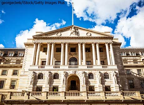 The upper facade of the Bank of England's headquarters building in London.
