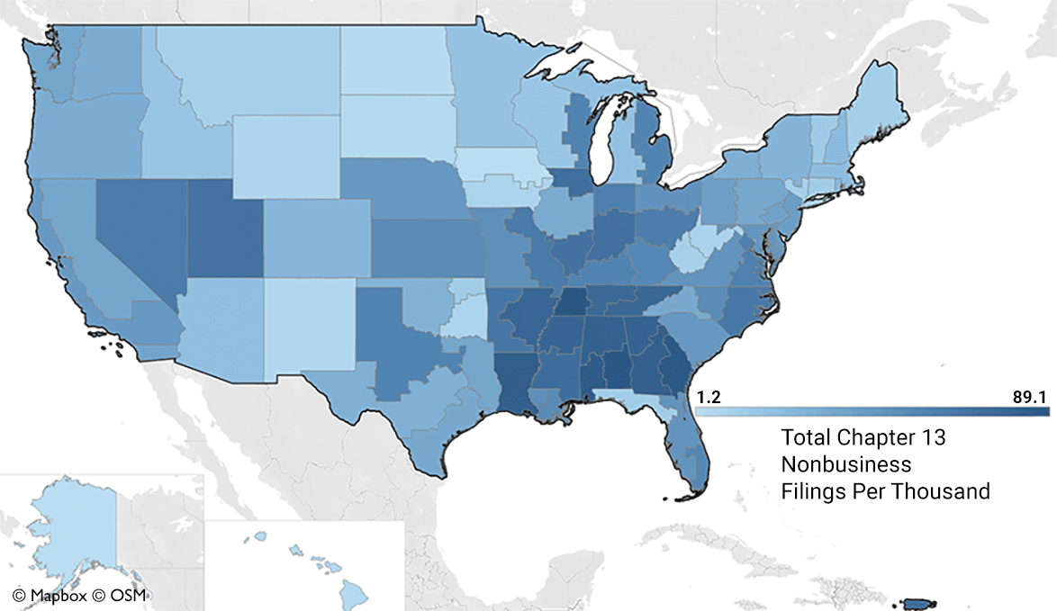 Map of United States showing concentration of Chapter 13 bankruptcy filings