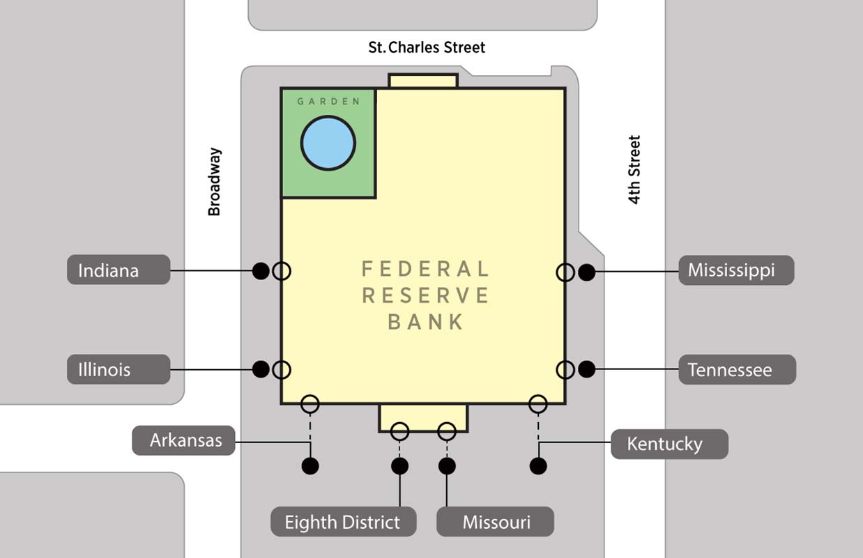 Locations of state seals around St. Louis Federal Reserve, map