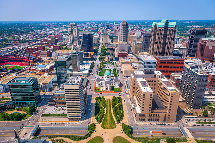 Aerial view of the downtown St. Louis skyline.