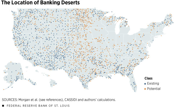 Map showing the locations of existing and potential banking deserts in the U.S.