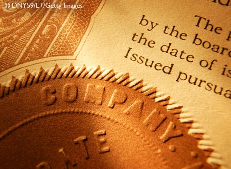 Close up of a company seal on old stock certificate.